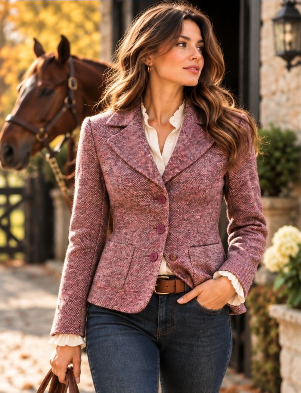 Ann Taylor Pink Herringbone Blazer 6 Wool Silk Tweed Equestrian Jacket